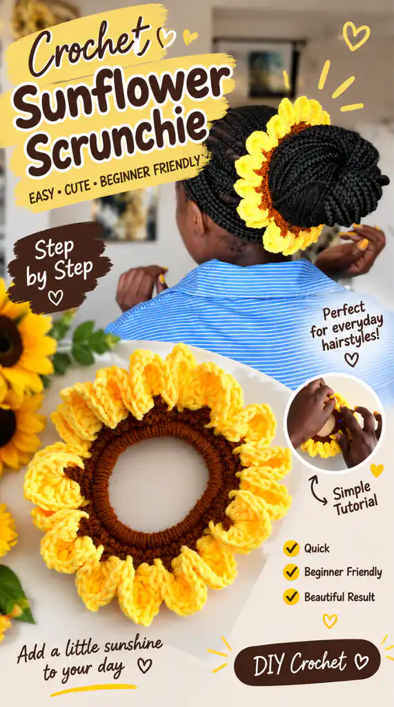 Free Sunflower Scrunchie Crochet Pattern (Easy for Beginners) – Maisie ...